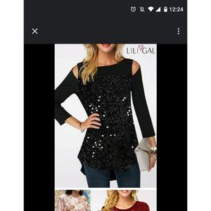 Liligal Black Shiny/Glittery Embellished 3/4 Blouse Size Small